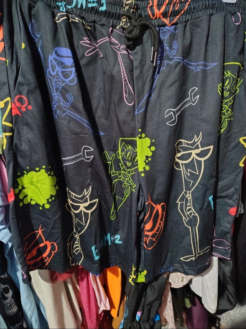 Men's Black Graphic Drawstring Shorts with Neon Character Print